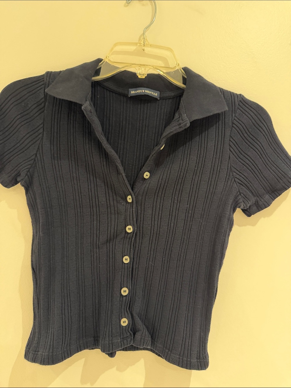 Brandy Melville navy ribbed button-down polo top